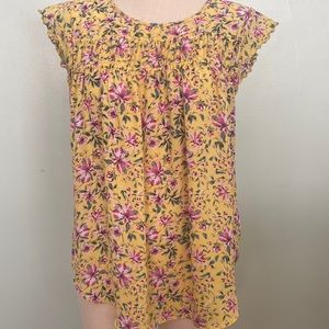 Yellow, teal & purple loose Zac & Rachel top with ruffled sleeves.